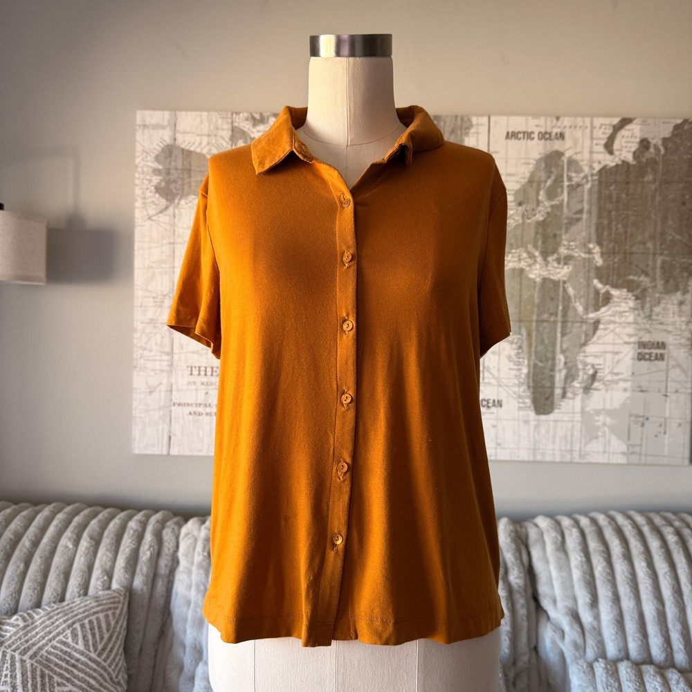 Eileen Fisher Mustard Yellow Tencel Lyocell Short Sleeve Button Down Shirt XS